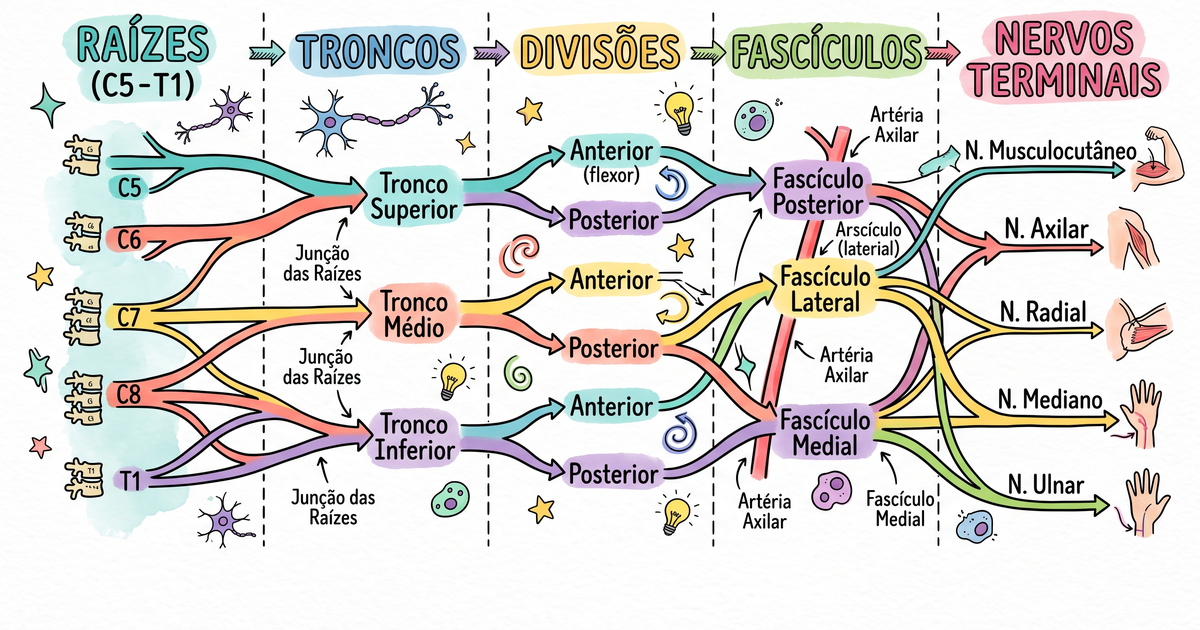 Organização do plexo braquial: raízes, troncos, divisões, fascículos e nervos — hand-drawn