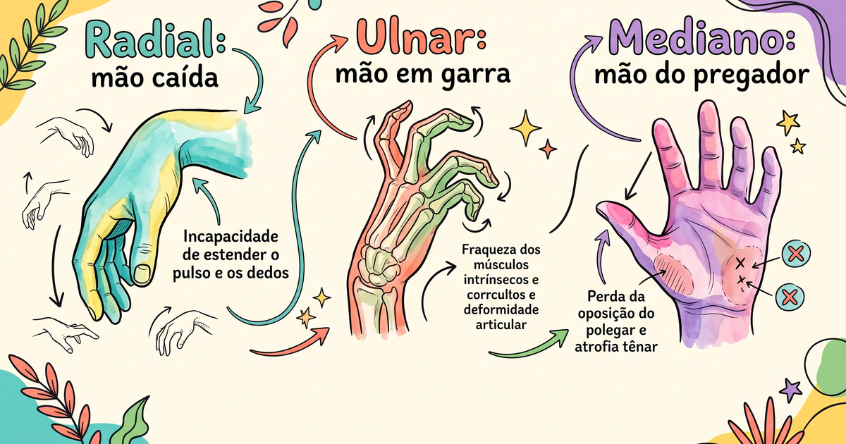 Lesões clássicas dos nervos radial, ulnar e mediano: mão caída, mão em garra e mão do pregador — hand-drawn