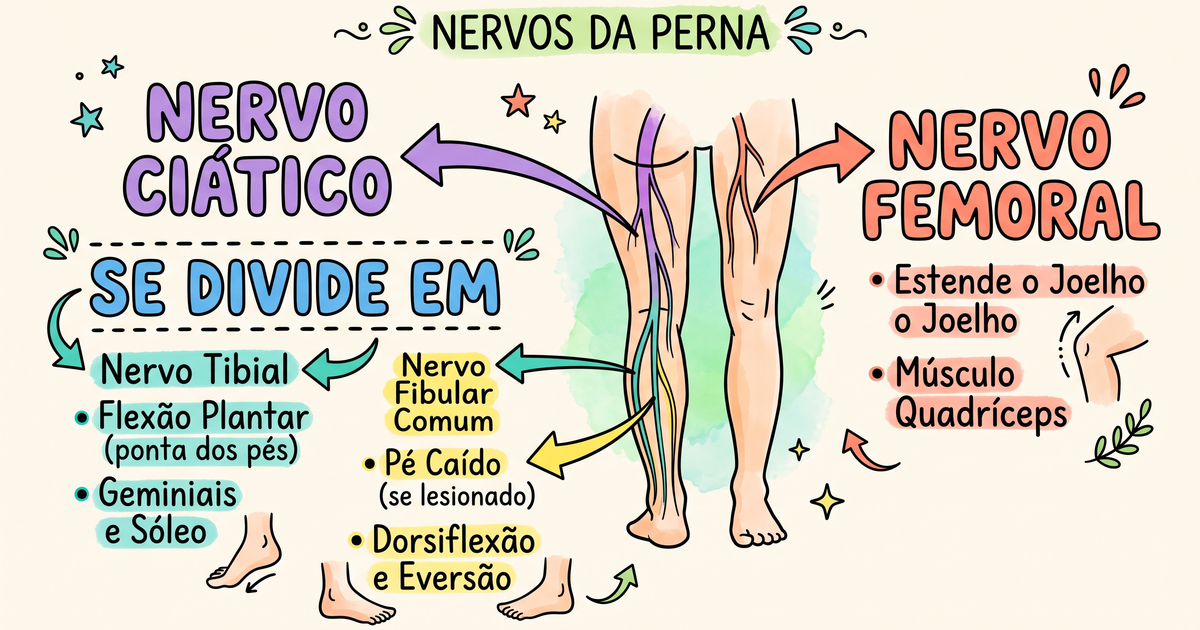 Nervos do membro inferior: femoral, ciático, tibial e fibular comum — ilustração hand-drawn