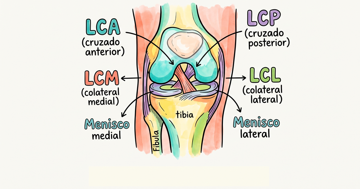 Ligamentos e meniscos do joelho: LCA, LCP, LCM, LCL e meniscos — ilustração hand-drawn
