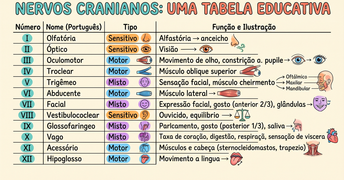 Os 12 nervos cranianos com função sensitiva, motora ou mista — ilustração hand-drawn