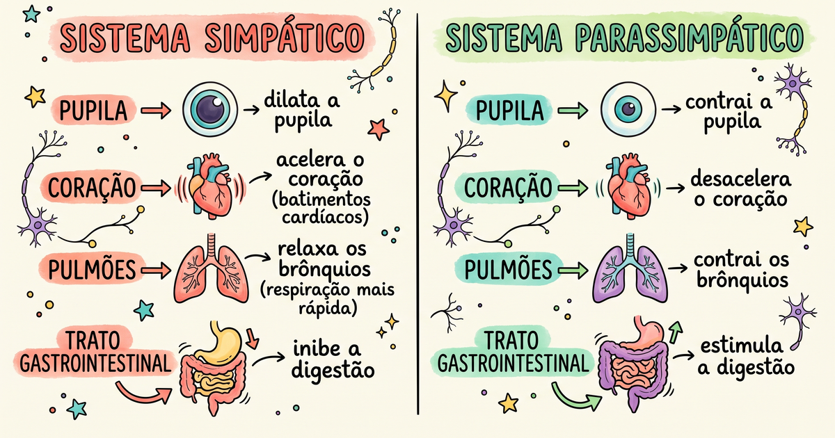 Efeitos do simpático e do parassimpático nos órgãos — ilustração hand-drawn