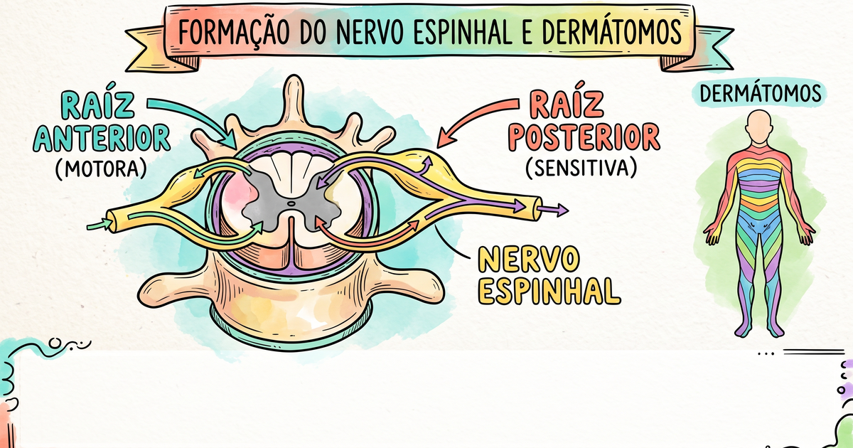 Raiz anterior motora e posterior sensitiva do nervo espinhal e dermátomos — ilustração hand-drawn