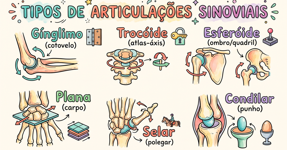 Tipos de articulações sinoviais com exemplos — ilustração hand-drawn