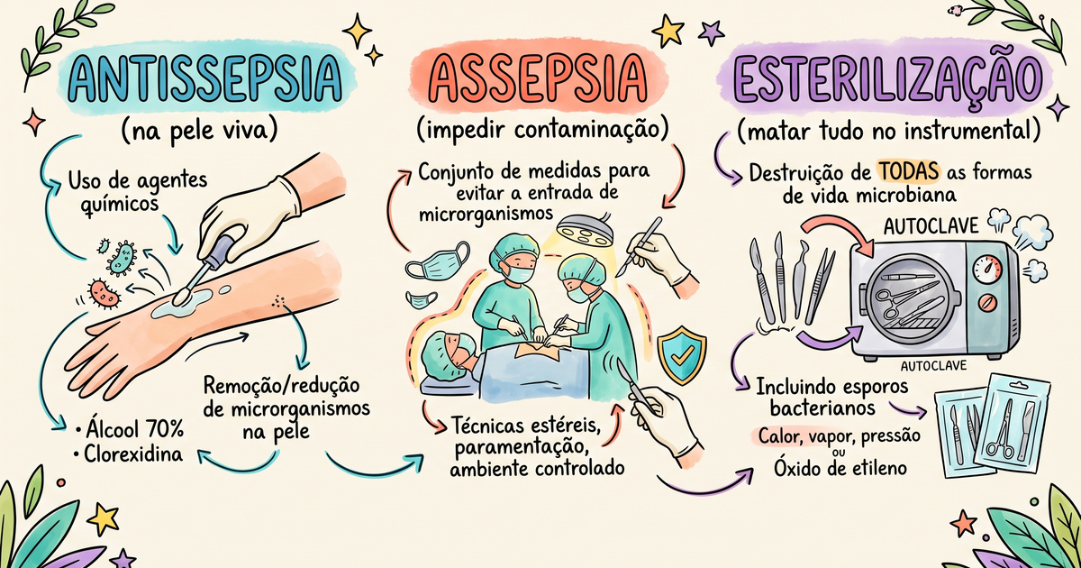 Antissepsia, assepsia e esterilização — ilustração hand-drawn