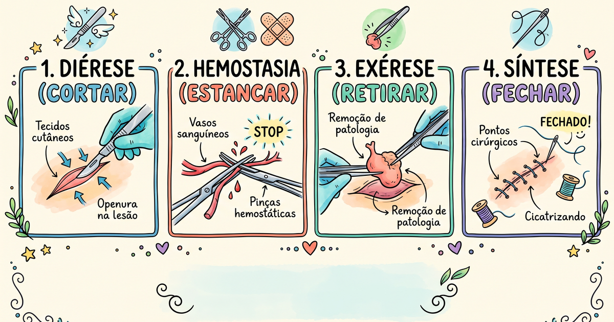 Os tempos cirúrgicos fundamentais: diérese, hemostasia, exérese e síntese — hand-drawn