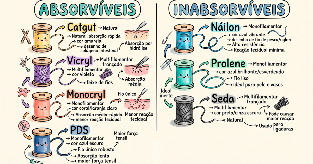 Fios de sutura absorvíveis e inabsorvíveis — ilustração hand-drawn