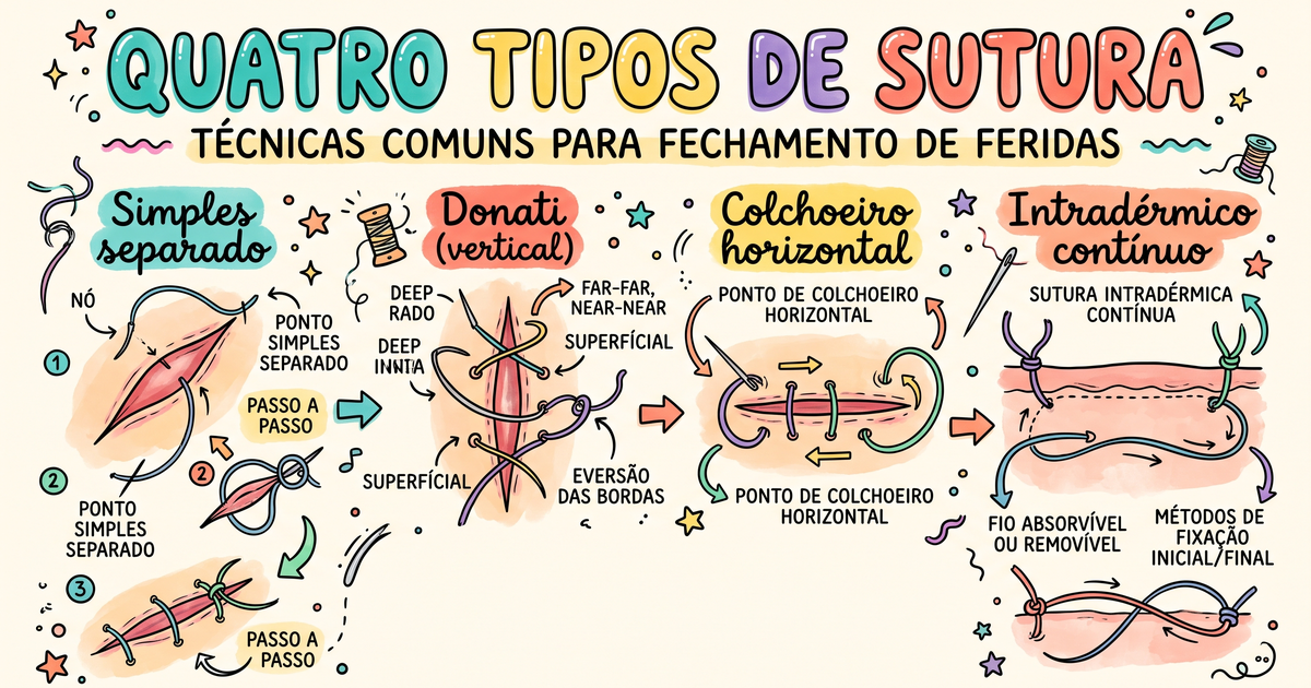 Tipos de pontos de sutura: simples, Donati, colchoeiro e intradérmico — hand-drawn