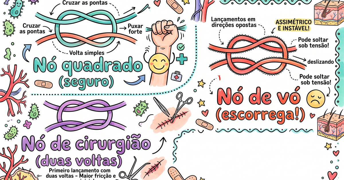 Nós cirúrgicos: nó quadrado, nó de cirurgião e o nó de vó — hand-drawn