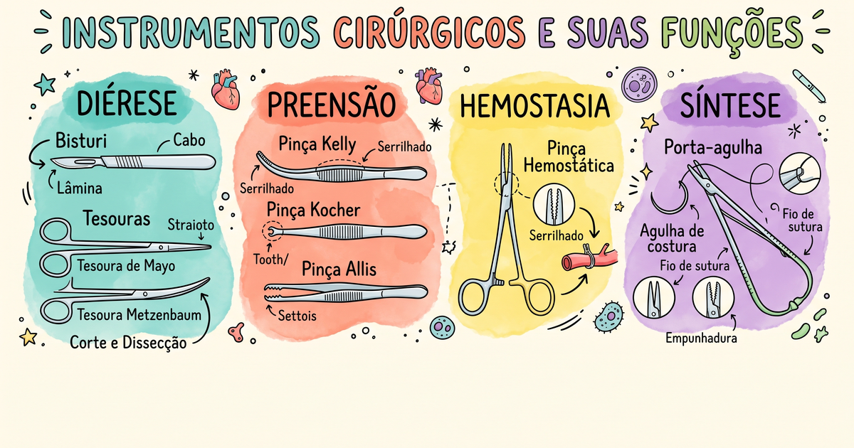 Instrumental cirúrgico agrupado por função — ilustração hand-drawn