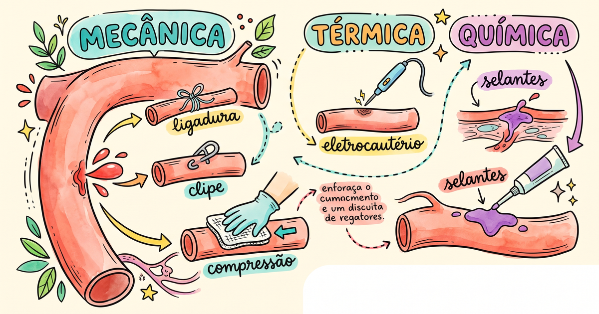 Métodos de hemostasia: mecânica, térmica e química — ilustração hand-drawn