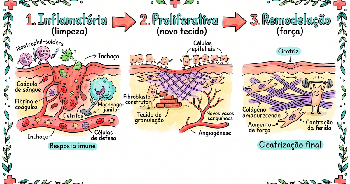 As três fases da cicatrização: inflamatória, proliferativa e remodelação — hand-drawn