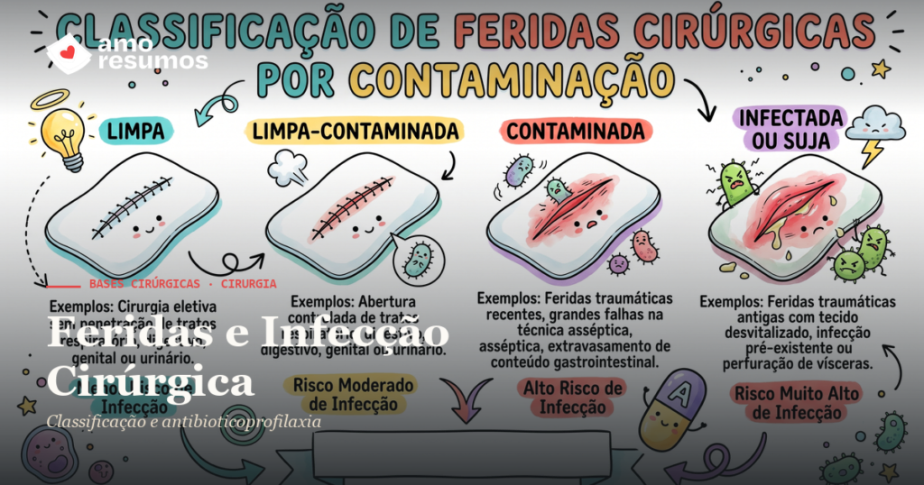 Feridas e Infecção Cirúrgica — ilustração hand-drawn — Amo Resumos