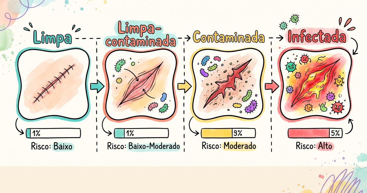 Classificação das feridas cirúrgicas: limpa, limpa-contaminada, contaminada e infectada — hand-drawn