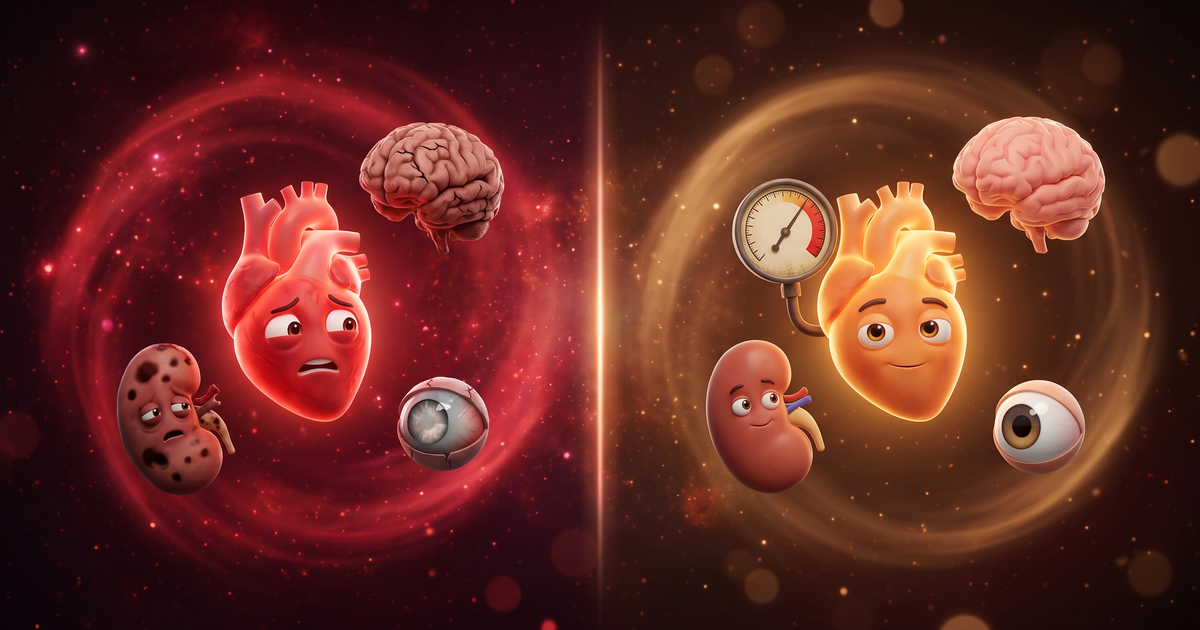 Emergência hipertensiva (lesão aguda de órgão-alvo) versus elevação importante da PA sem lesão — ilustração Sindrômica Visual