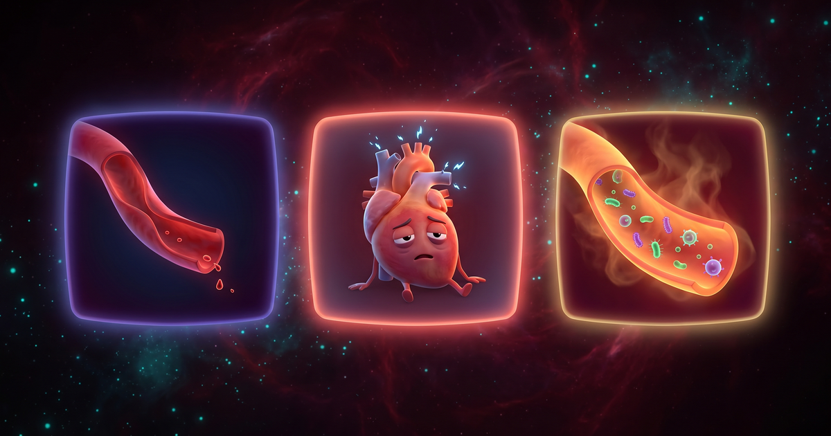 Os tipos de choque: hipovolêmico, cardiogênico e distributivo/séptico — ilustração Sindrômica Visual