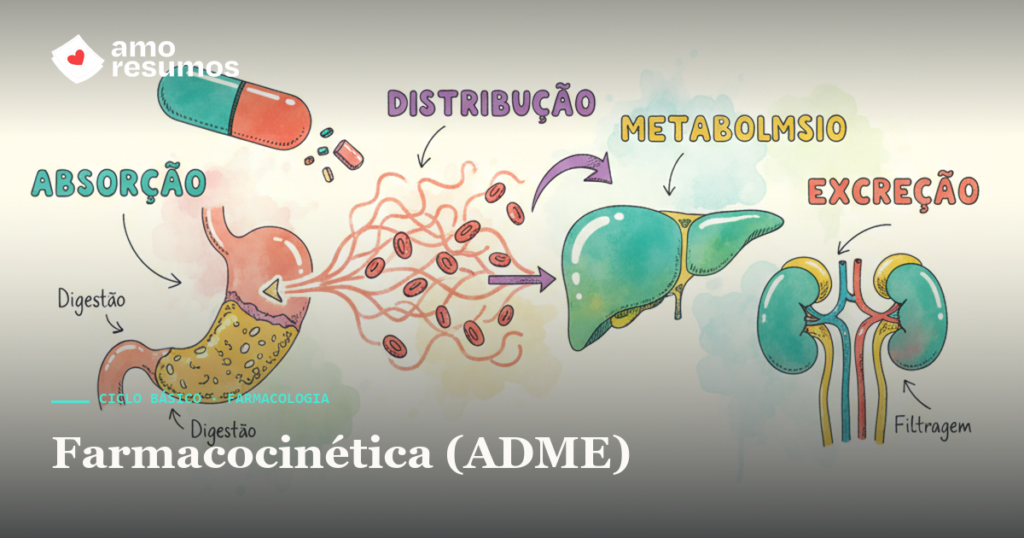 Farmacocinética e o ciclo ADME — ilustração doodle — Amo Resumos