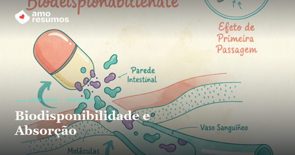 Biodisponibilidade e absorção de fármacos — ilustração doodle — Amo Resumos
