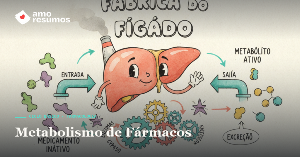 Metabolismo de fármacos no fígado e CYP450 — ilustração doodle — Amo Resumos