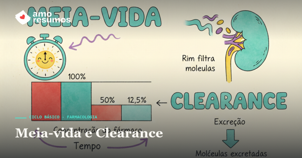 Meia-vida e clearance de fármacos — ilustração doodle — Amo Resumos