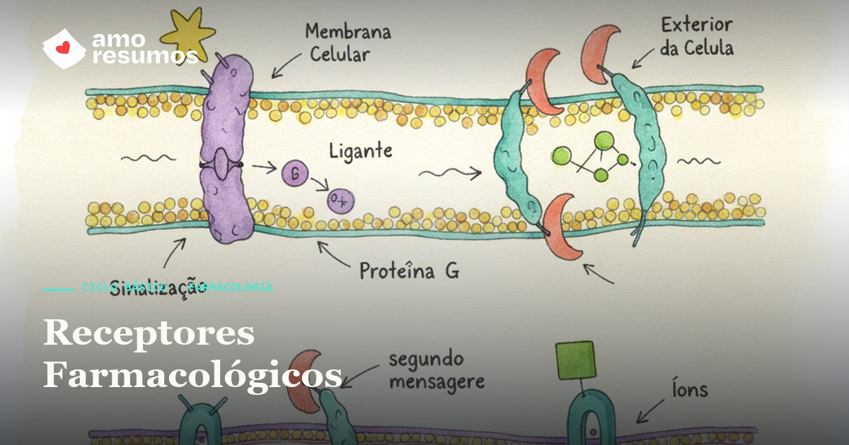 Receptores farmacológicos e transdução de sinal — ilustração doodle — Amo Resumos