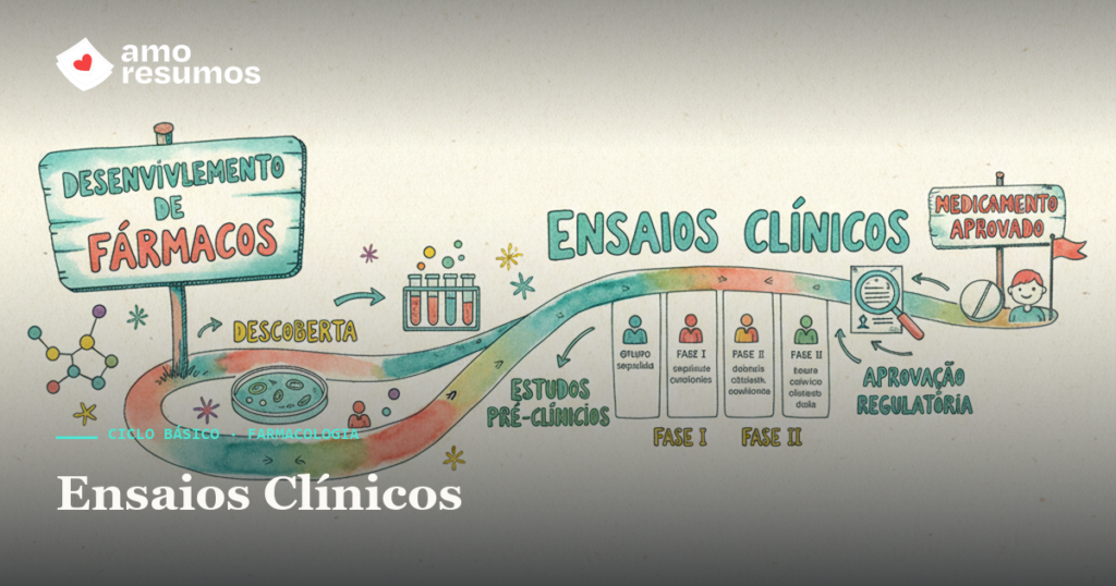 Desenvolvimento de fármacos e ensaios clínicos — ilustração doodle — Amo Resumos