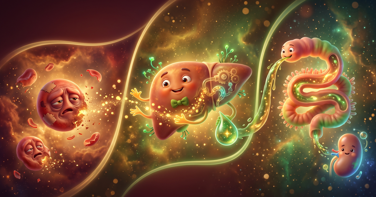 A jornada da bilirrubina: hemólise, conjugação no fígado e excreção na bile — ilustração Sindrômica Visual