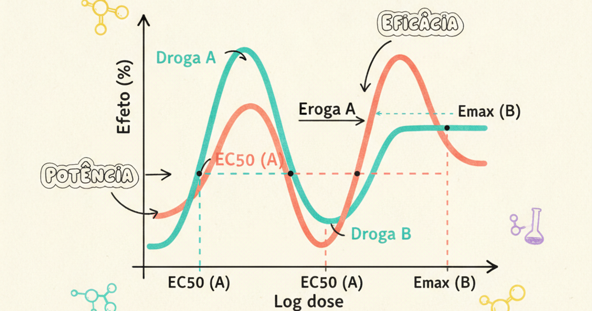 Curva dose-resposta mostrando potência (EC50) e eficácia (Emax) — Amo Resumos