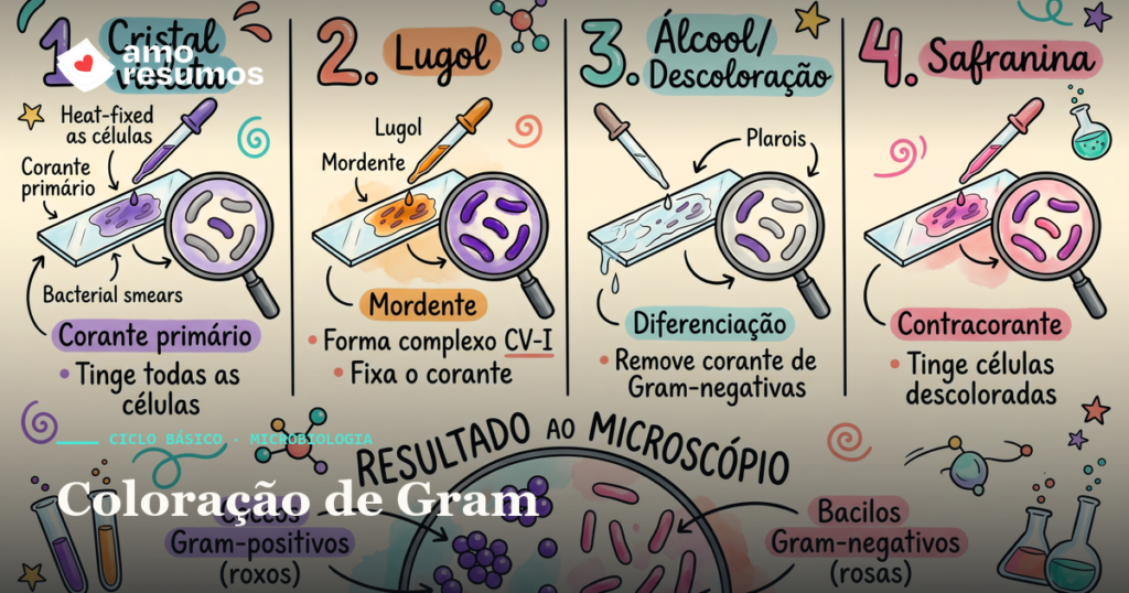 Coloração de Gram — as 4 etapas da técnica e resultado ao microscópio