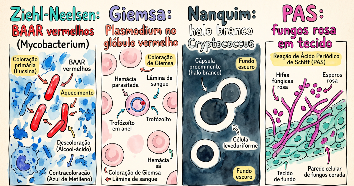 Colorações especiais em microbiologia: Ziehl-Neelsen (BAAR), Giemsa, tinta nanquim e PAS