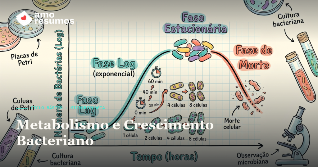 Metabolismo e Crescimento Bacteriano — ilustração hand-draw — Amo Resumos