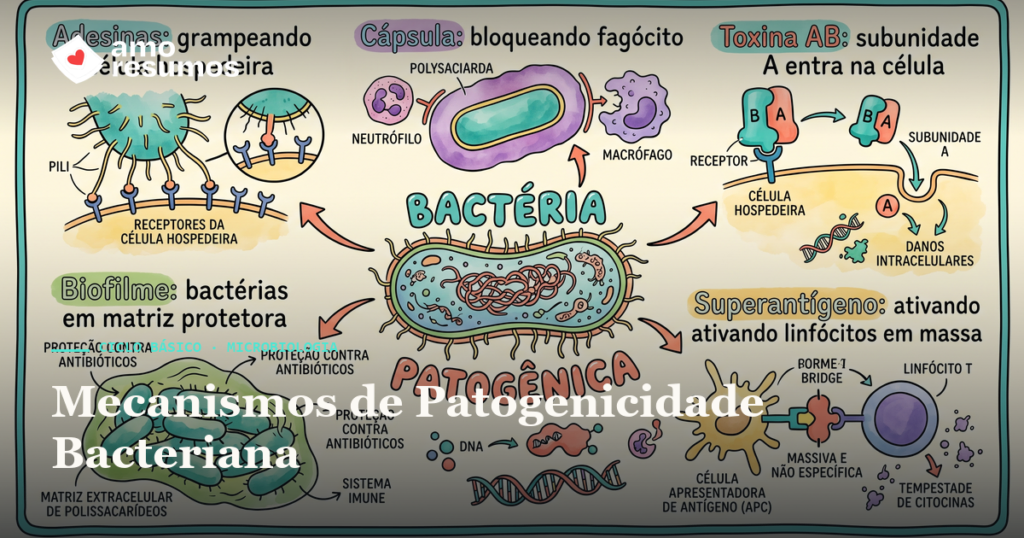 Mecanismos de Patogenicidade Bacteriana — ilustração hand-draw — Amo Resumos