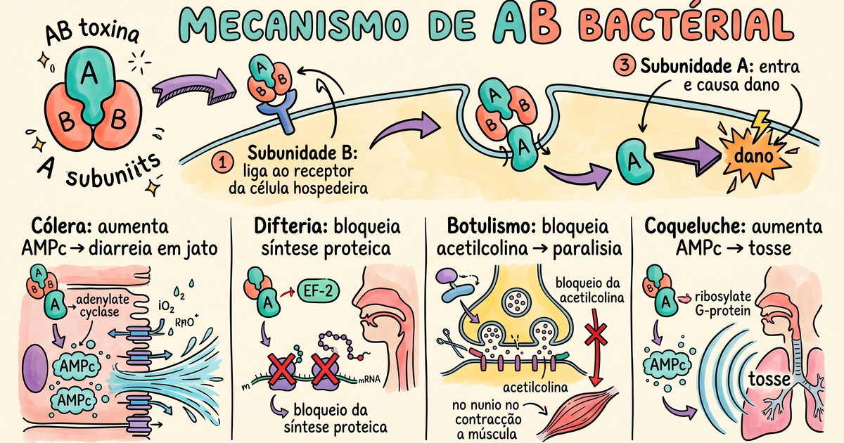 Mecanismo das toxinas AB bacterianas: cólera, difteria, botulismo e coqueluche