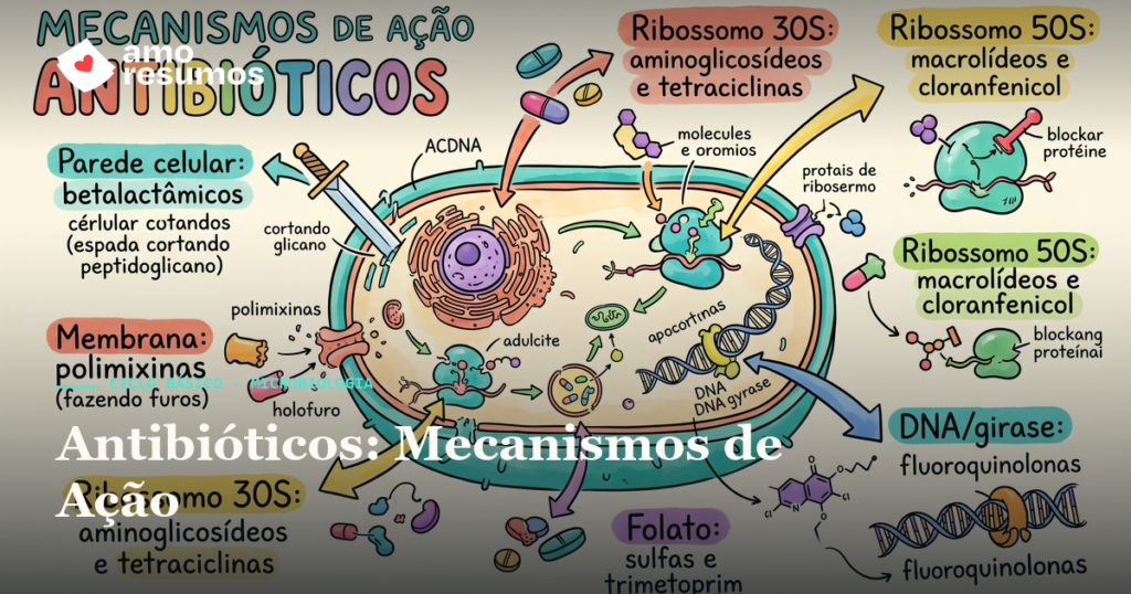 Antibióticos: Mecanismos de Ação — ilustração hand-draw — Amo Resumos