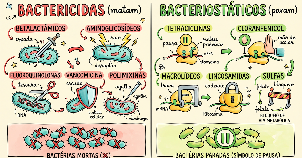 Antibióticos bactericidas vs bacteriostáticos — diferenças e exemplos ilustrados