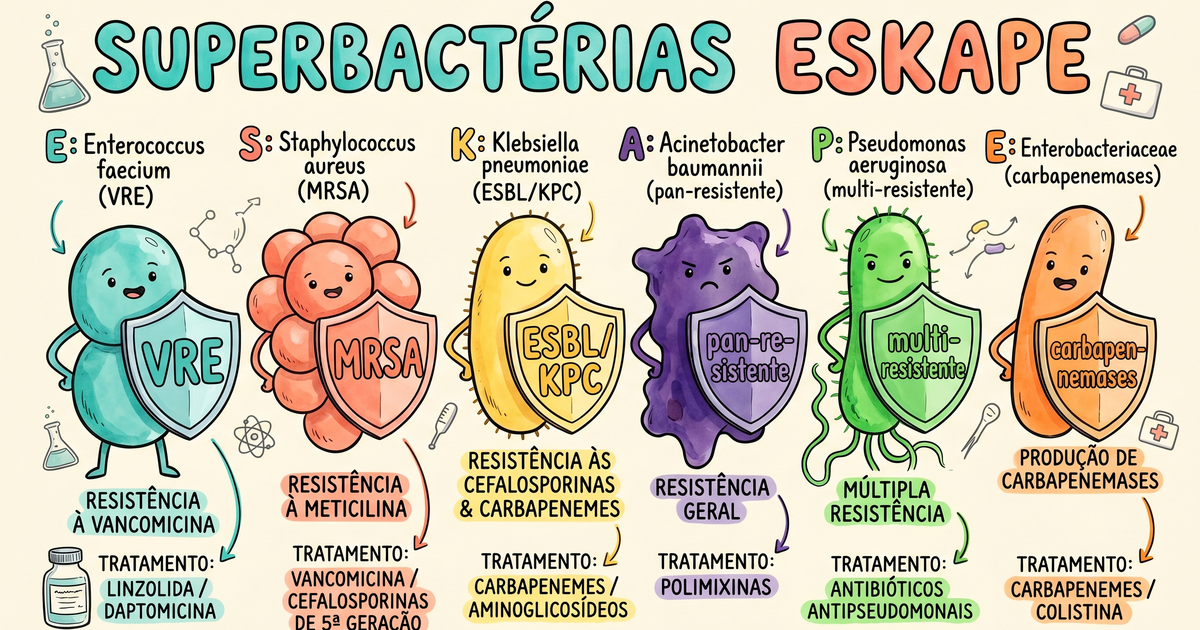 Superbactérias ESKAPE: Enterococcus, MRSA, Klebsiella, Acinetobacter, Pseudomonas, Enterobacteriaceae