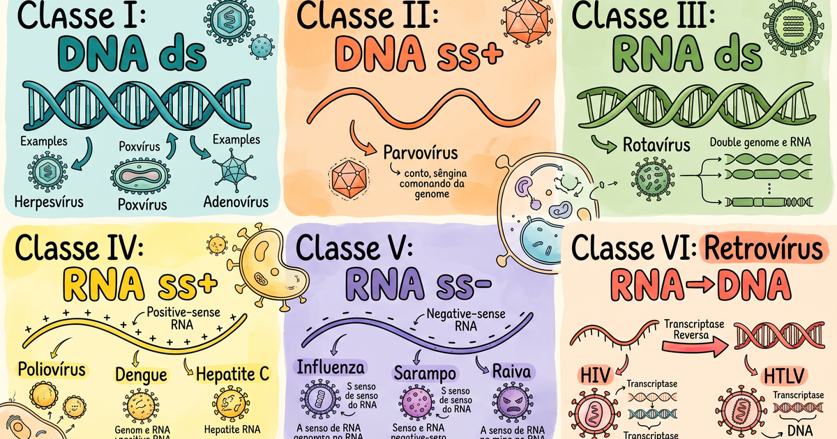 Classificação de Baltimore dos vírus: DNA ds/ss, RNA ds/ss+/ss- e retrovírus