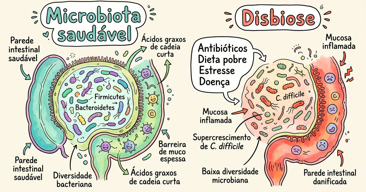 Microbiota saudável vs disbiose: comparação do intestino com e sem equilíbrio microbiano