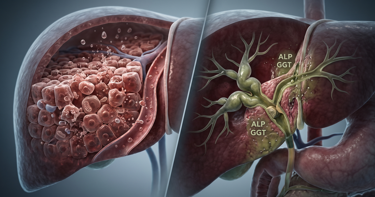 Hepatograma: padrão hepatocelular (transaminases) versus colestático (FA e GGT) — ilustração Amo Resumos