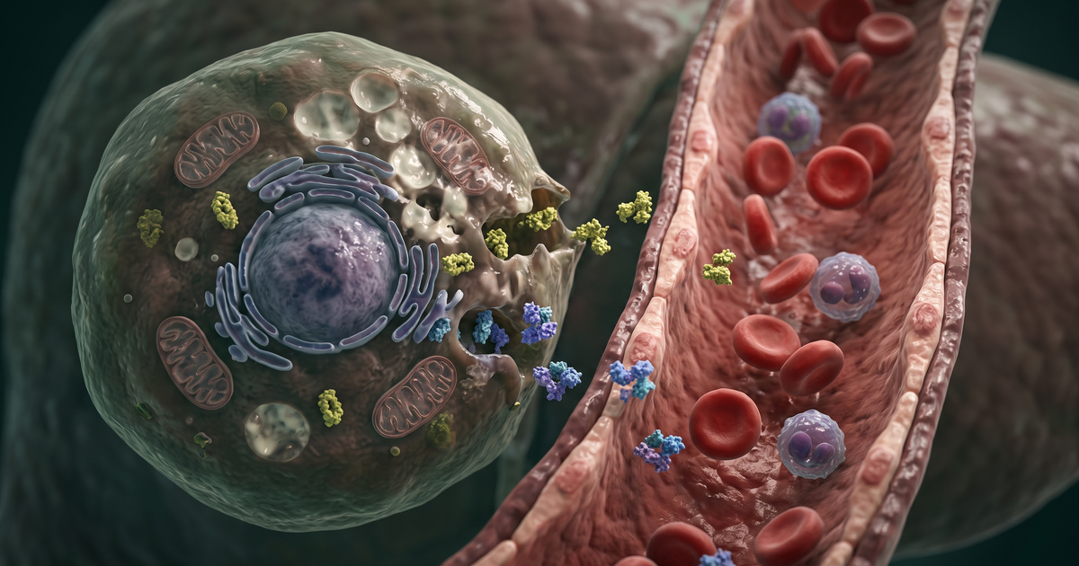 Transaminases: hepatócito lesado libera AST e ALT na corrente sanguínea — ilustração Amo Resumos