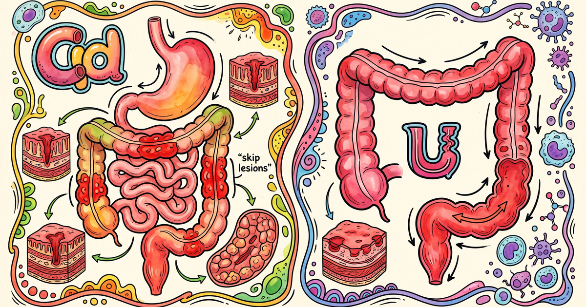 Doença de Crohn (salteada, transmural) versus retocolite ulcerativa (contínua, mucosa) — Sindrômica Visual