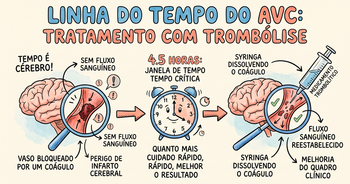 Trombólise no AVC: janela de 4,5 horas, coágulo e alteplase — ilustração Amo Resumos