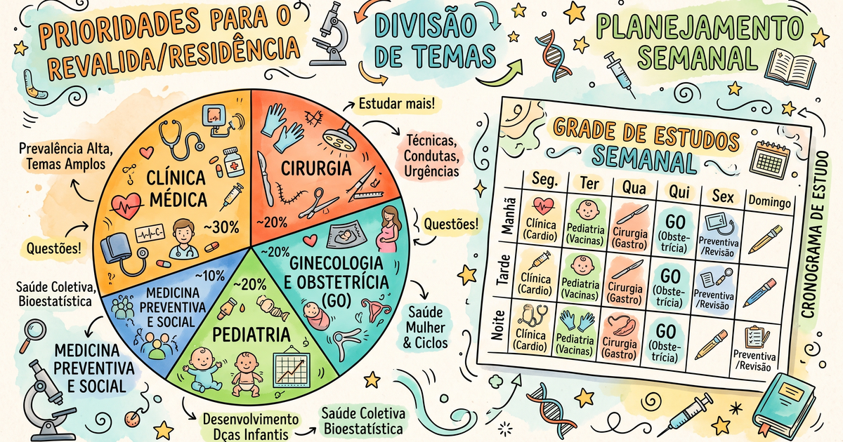 Distribuição dos temas que mais caem no ENAMED por área e cronograma semanal — Amo Resumos