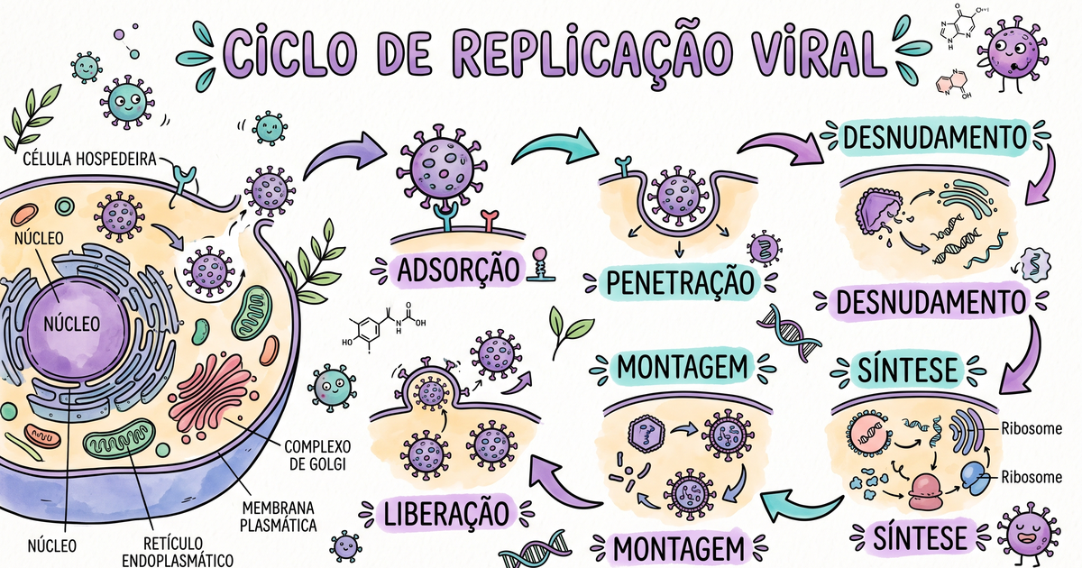 As 6 etapas do ciclo de replicação viral em diagrama circular — ilustração Amo Resumos