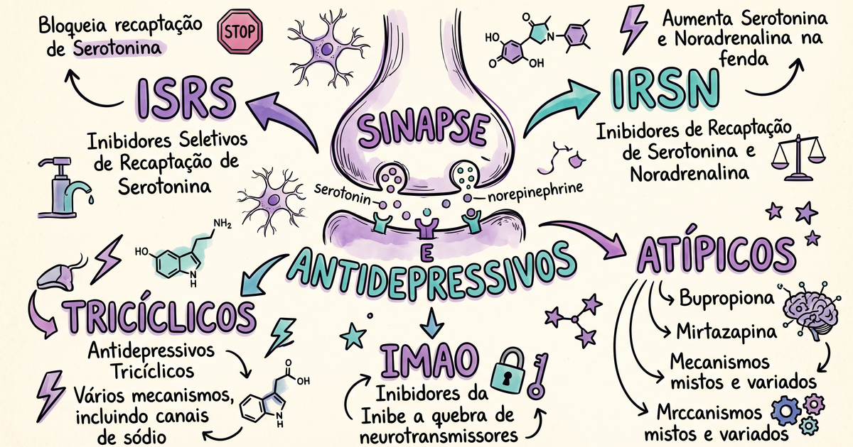 Mapa mental dos antidepressivos: ISRS, IRSN, tricíclicos, IMAO e atípicos — Amo Resumos