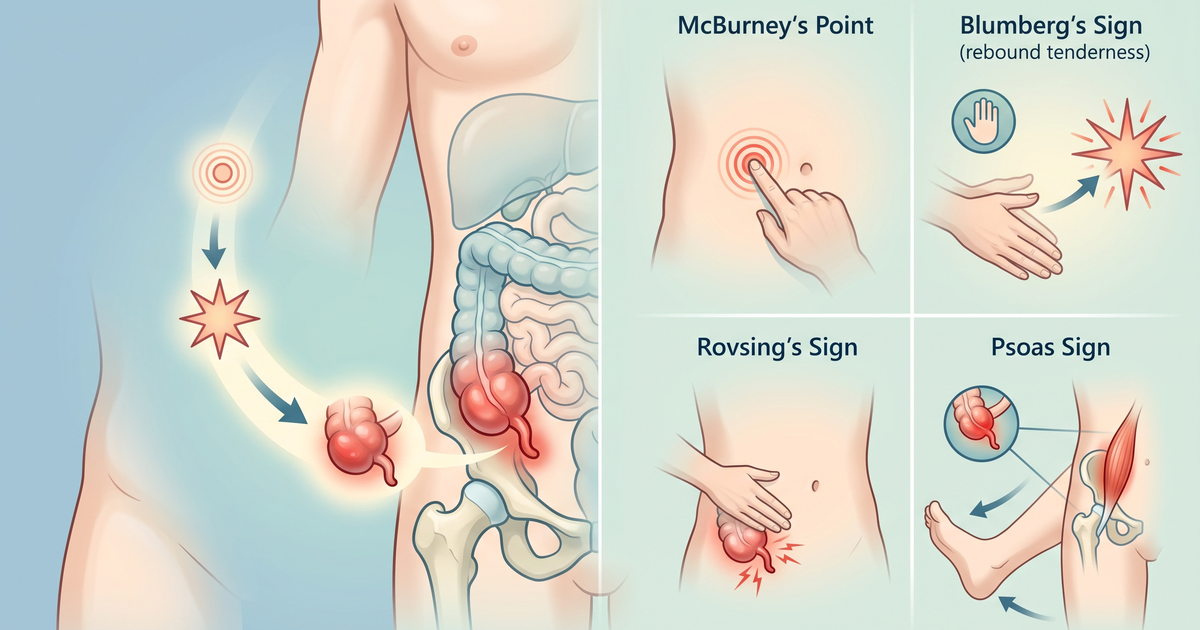 Apendicite aguda: ponto de McBurney, sinais de Blumberg, Rovsing e psoas — ilustração Amo Resumos