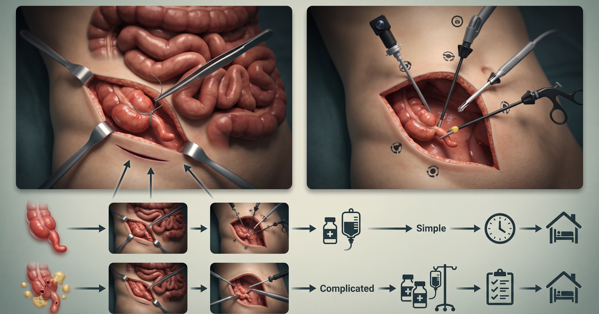 Apendicectomia aberta × videolaparoscópica e o manejo da apendicite complicada — esquema Amo Resumos