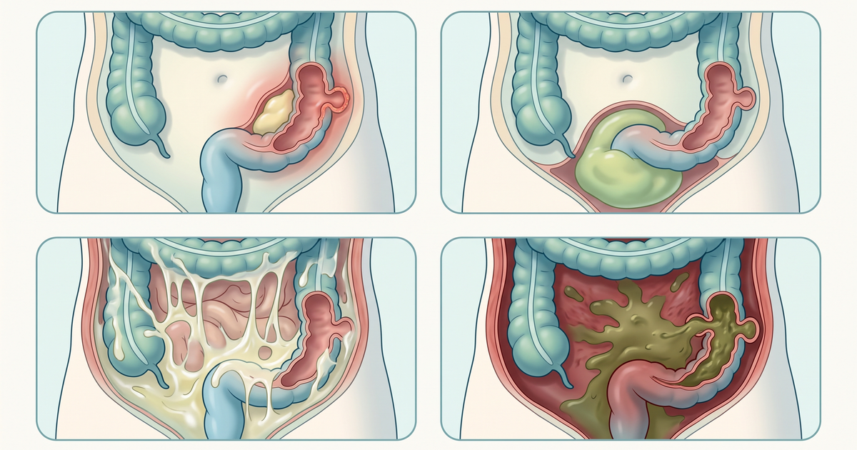 Diverticulite aguda: classificação de Hinchey (I a IV) e conduta — esquema Amo Resumos