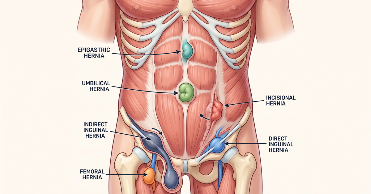 Mapa das hérnias da parede abdominal: inguinal, femoral, umbilical, incisional — esquema Amo Resumos