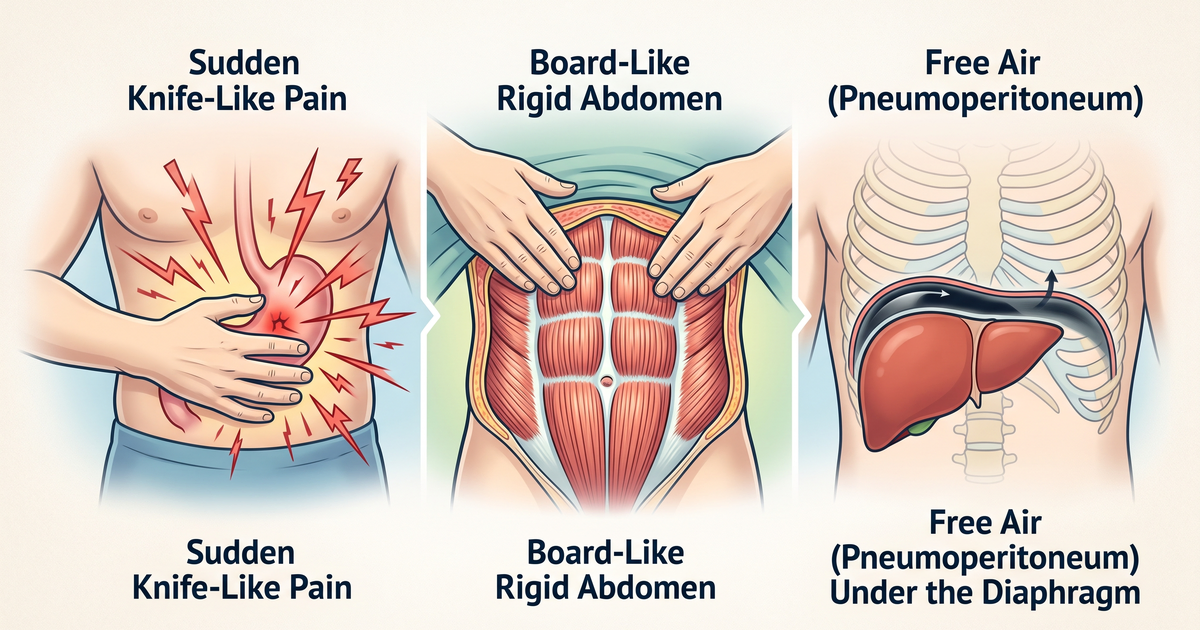 Abdome agudo perfurativo: dor súbita, abdome em tábua e pneumoperitônio — esquema Amo Resumos
